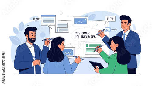 Team creating customer journey maps, business strategy planning, workflow illustration
