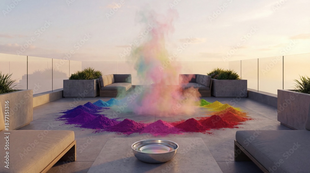 Fototapeta premium Rainbow Holi powder explosion in a circle on a modern terrace with lounges
