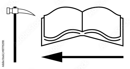 Symbols concept. Black and white symbols include a pickaxe tool, open book for knowledge, and directional arrow. Symbols designed for tools, education , guidance, mining, design inspiration
