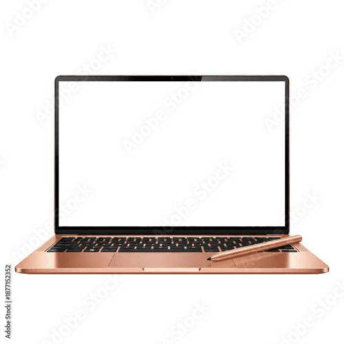 Rose gold laptop with stylus on keyboard, blank screen