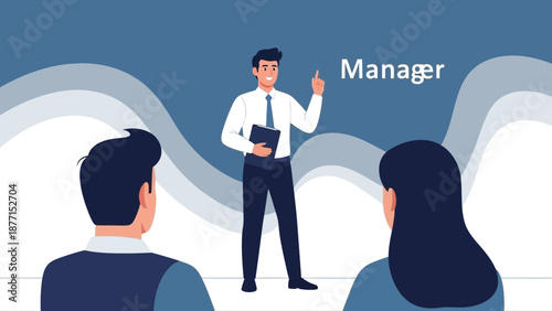 Manager leading a presentation to employees in a modern office setting