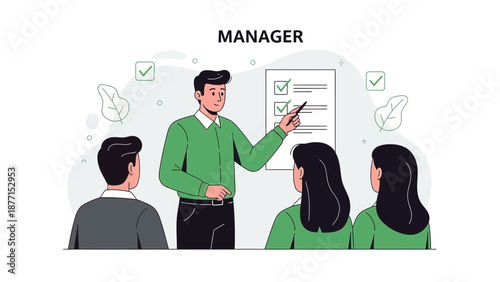 Manager leading team meeting, pointing at checklist on whiteboard, business concept