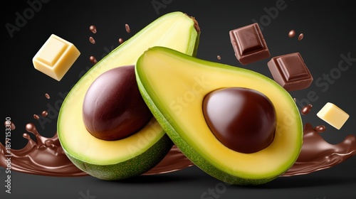 colorful avocado explosion, dynamic burst with splashes, crumbs, and pieces flying in midair, isolated on dark gradient, cinematic high-speed food photography, ultra-realistic details, vibrant color