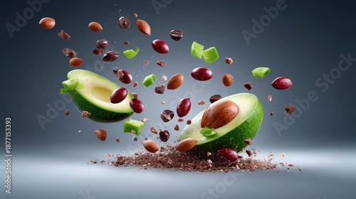 colorful avocado explosion, dynamic burst with splashes, crumbs, and pieces flying in midair, isolated on dark gradient, cinematic high-speed food photography, ultra-realistic details, vibrant color