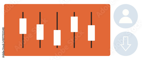 Stock trading, data analysis, financial research, market trends, investment strategy, user interaction. Candlestick chart with profile and download icons. Stock trading and data analysis concept