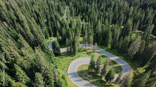Dolomies, Italy Aerial View Of Winding Road Through Dolomites Forest, Hairpin Curve Framed By Towering Pine Trees And Sunlit Alpine Slopes. Remote Asphalt Ribbon Cuts Serene Green Canopy,