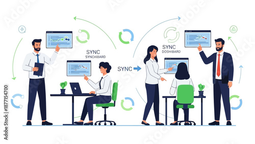Business Team Syncing Data and Projects on Digital Dashboards