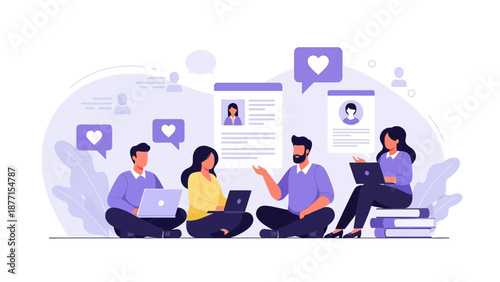 Diverse team collaborating online, social media marketing, teamwork, and digital communication concept