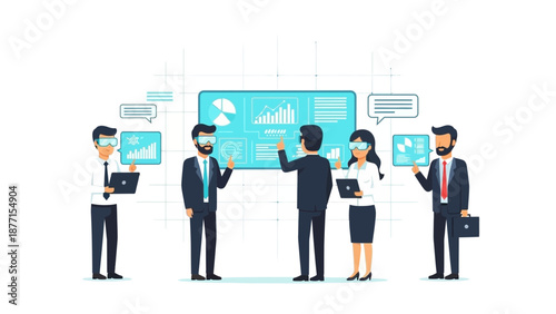 Business Team Using VR Headsets for Data Analysis and Virtual Reality Collaboration