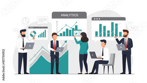 Business analytics team analyzing data charts and graphs on laptops