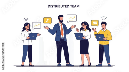 Diverse distributed team collaborating remotely with laptops and charts