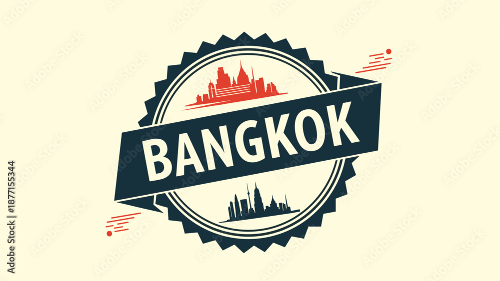 Obraz premium Bangkok city stamp with skyline silhouette and text for travel, tourism, and destination branding in Thailand.