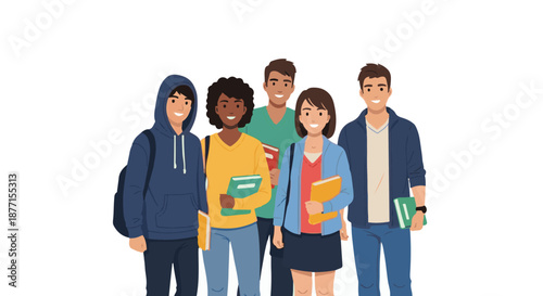 Diverse group of smiling young students standing together, holding books and notebooks, ready for education and knowledge