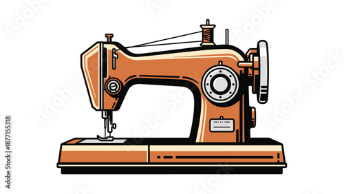 Vintage sewing machine illustration with thread spool and needle for tailoring, fashion design, and garment making.