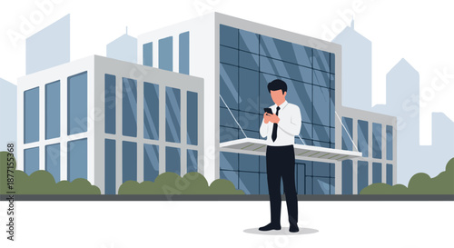 Professional uses smartphone outside modern office building, symbolizing digital communication, corporate connectivity, and technology's integration into the urban business environment