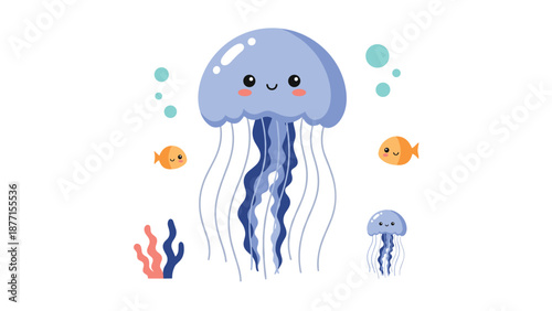 Cute cartoon jellyfish and small fish swimming in the ocean with bubbles and seaweed for kids illustration.