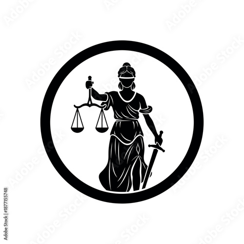 Lady Justice holding scales and sword in a circle.