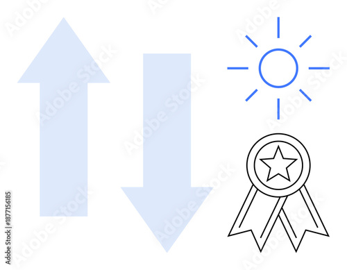 Growth, achievement, ranking systems, contrast, success, progress. Up and down arrows, a sun icon and an award ribbon with a star. Growth and achievement illustrate contrast and success