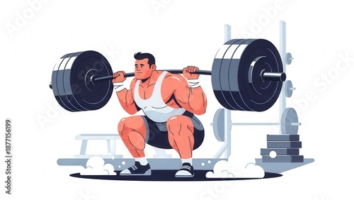 Male Weightlifter Performing Squat Exercise with Heavy Barbell in Gym