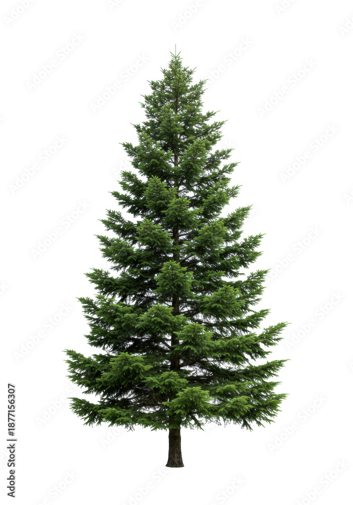 Fototapeta premium Perfectly symmetrical, robust pine tree with dense emerald green needles, against a transparent studio background, copy space. Photorealistic studio photography, concept of idealized natural beauty
