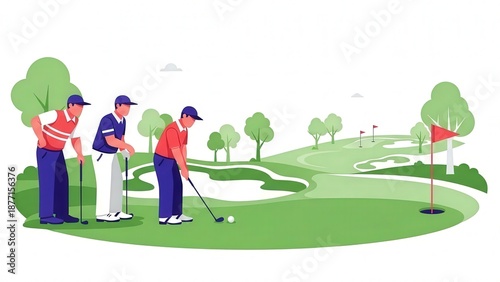 Group of Friends Playing Golf on a Bright Sunny Day Outdoor Sport Scene