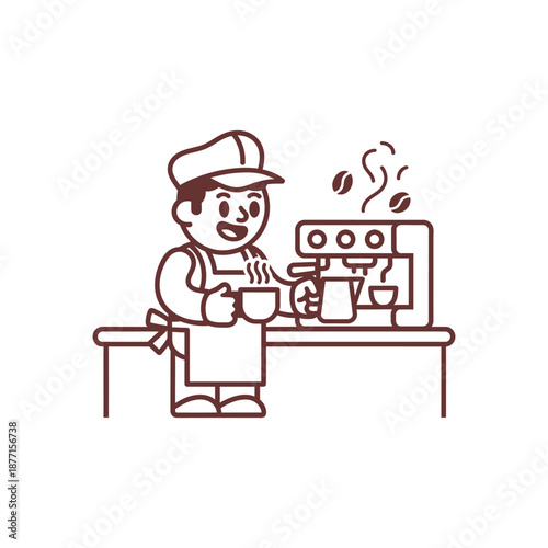 Smiling Barista Preparing Coffee with Espresso Machine.