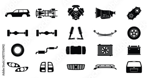 Illustrative set of automotive spare parts for vehicle repair and upkeep