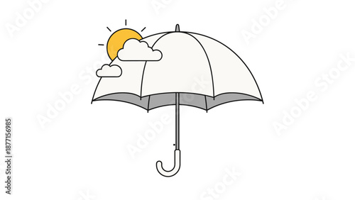 Large white umbrella protects against the elements while the sun and clouds peek out from behind in a weather themed illustration.