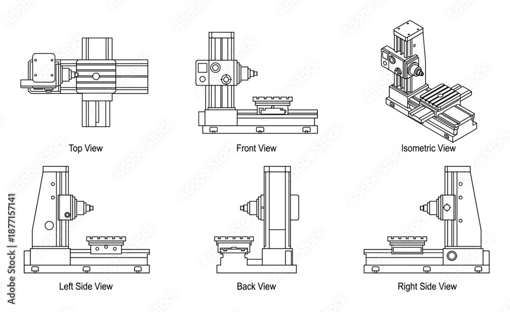 Obraz premium Milling Machine Detailed Technical Blueprint Views, Isometric Top Front Side