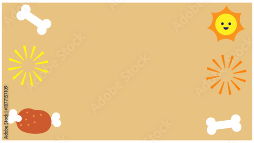 太陽や模様、食べ物のモチーフを散りばめた子供向けで楽しい雰囲気の背景イラスト