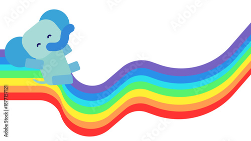 虹の上を歩くゾウのキャラクターで表現した希望・前進・ポジティブな未来のイメージイラスト