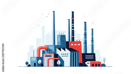 Modern flat illustration depicts an industrial factory complex with multiple chimneys and colorful building sections against the sky.