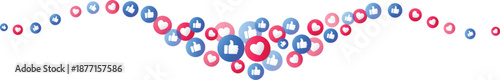 Social media emoji stream of thumbs up and heart icons flowing, vector element for like, love, reaction, social network, engaging, marketing, sharing, success, feedback design