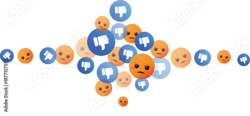 Stream of angry emojis and dislike thumbs down icons buttons element for social media reaction, negative feedback, disapproval, digital emoticon, protest, disappointment, mood, expression design