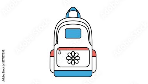 Simple white backpack with a blue top and a small orange flower design is shown as a functional school or travel accessory for kids.