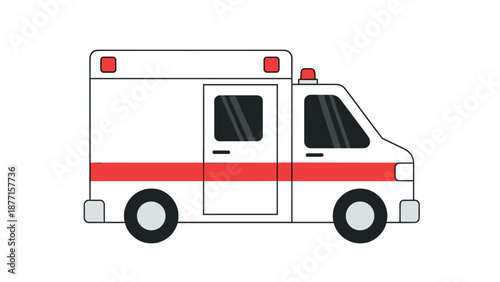 Side view of a white ambulance with red stripes and emergency lights is ready for medical response and patient transport services.