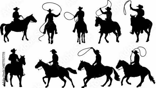 Cowboys riding horses with lassos in various rodeo actions