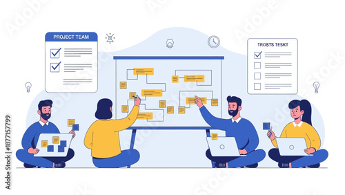 Teamwork project planning illustration with flowchart on whiteboard and sticky notes