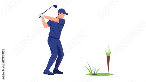 Male Golfer Swinging Club on Course with Golf Ball and Hole Scene