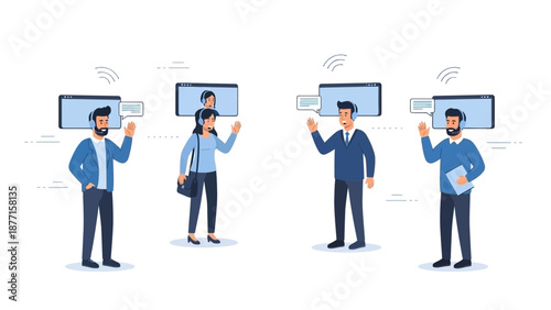 Businessmen and women communicate via video conference, remote work, online meetings