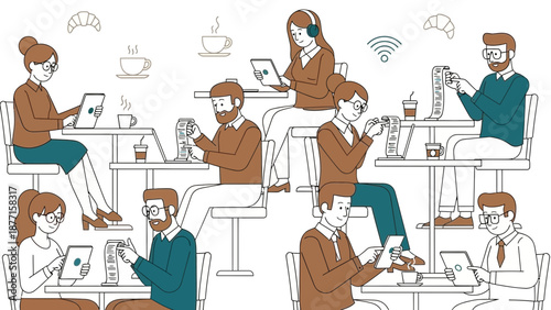 People using digital devices in a cafe, illustration