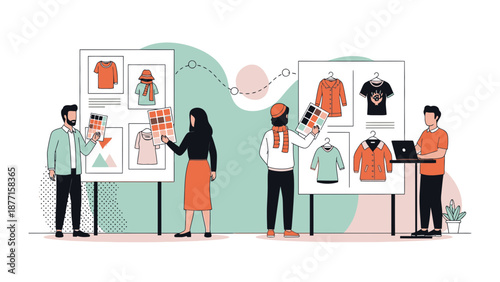 Fashion Design Team Collaborating on Clothing Collection and Color Palettes