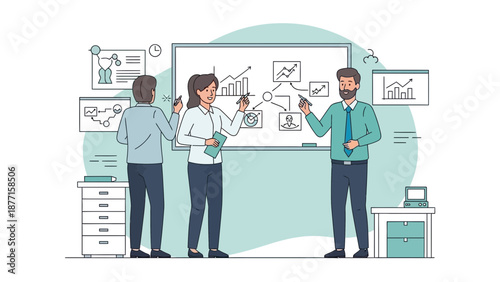 Teamwork in office: brainstorming ideas on whiteboard with charts and diagrams
