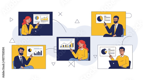 Remote Team Collaboration, Business Meeting, Online Presentation, Data Analysis