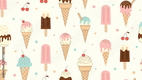 Delightful seamless pattern showcases many different types of ice cream treats including cones, popsicles, and sweet sundaes.