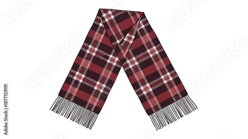 Cozy winter scarf featuring a classic red and black plaid pattern with fringed edges isolated on a white background.