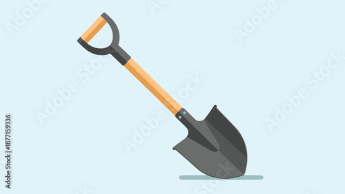 Simple illustration of a garden shovel with a black metal blade and a light wood handle standing on a light blue background.