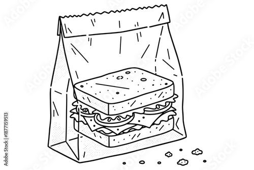 Sandwich in paper bag lunch fast food snack lunchbox simple doodle line drawing style vector