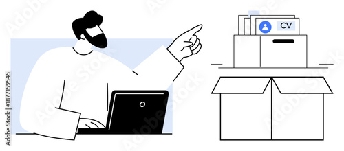 Recruitment process. Recruitment specialist analyzing CVs and job applications in a modern workspace. Recruitment is vital for career development, HR strategies, and team formation. Topics include