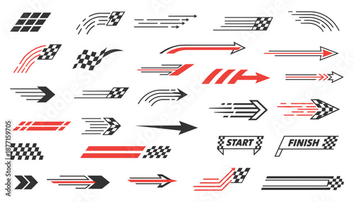 Speed lines effect with arrows start and finish signs racing elements in black and red color